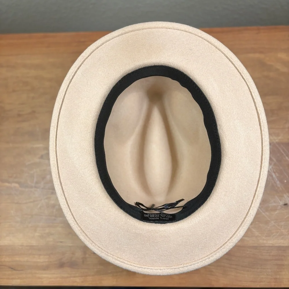 Fedora Classic Unisex Beige Adjustable Wool Hat, with Buckle Brown Trim